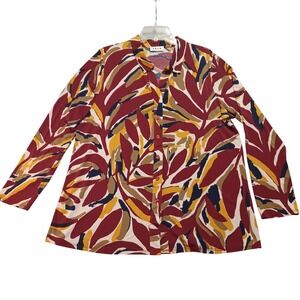 SPLA Women Abstract Leaf Print Button Down Shirt Burgundy Mustard Size M SPT5208